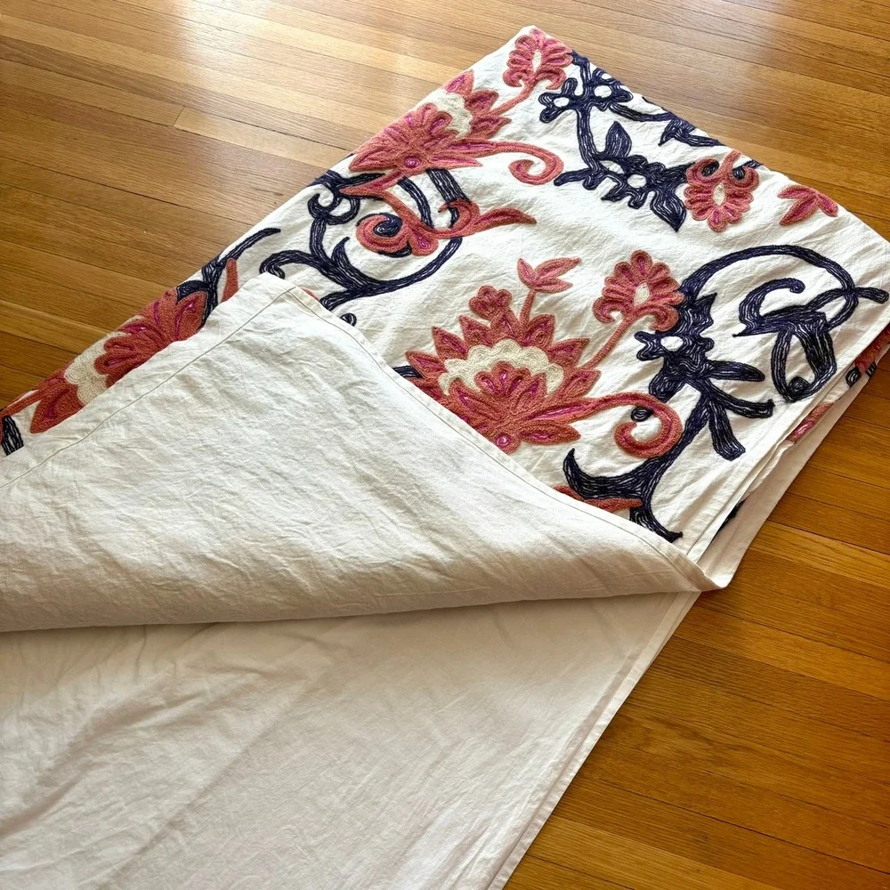 Vintage Anthropologie Embroidered Wool Curtain Pair 50x96 Floral Crewel Bohemian
